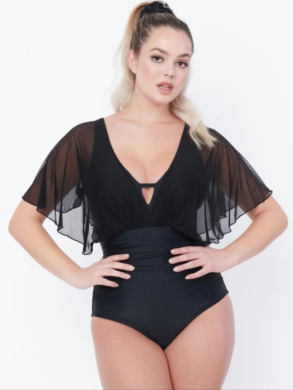 NWT UNIQUE VINTAGE BLACK MESH SLEEVED TORREY SWIMSUIT SZ M
